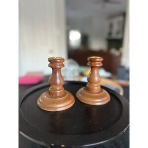 Pair of Vintage Wood Taper Candle Holders with Brass Inserts